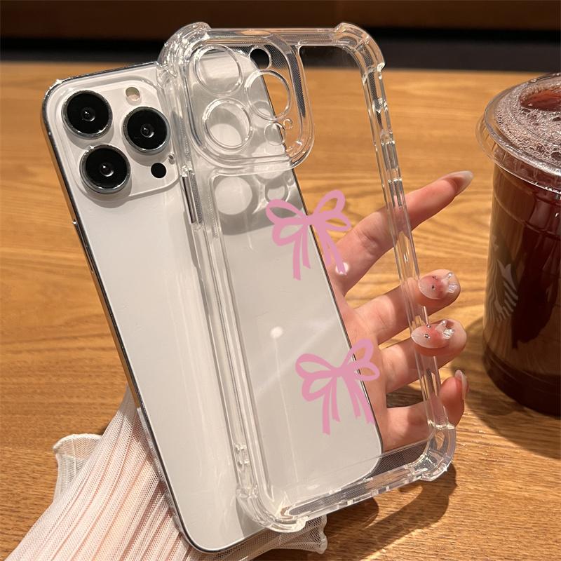 Barevný růžový potisk mašle Průhledný kryt na telefon pro iPhone 11 12 13 14 15 16 Pro Max SE XR X XS 7 8 16 Plus Nárazuvzdorný kryt