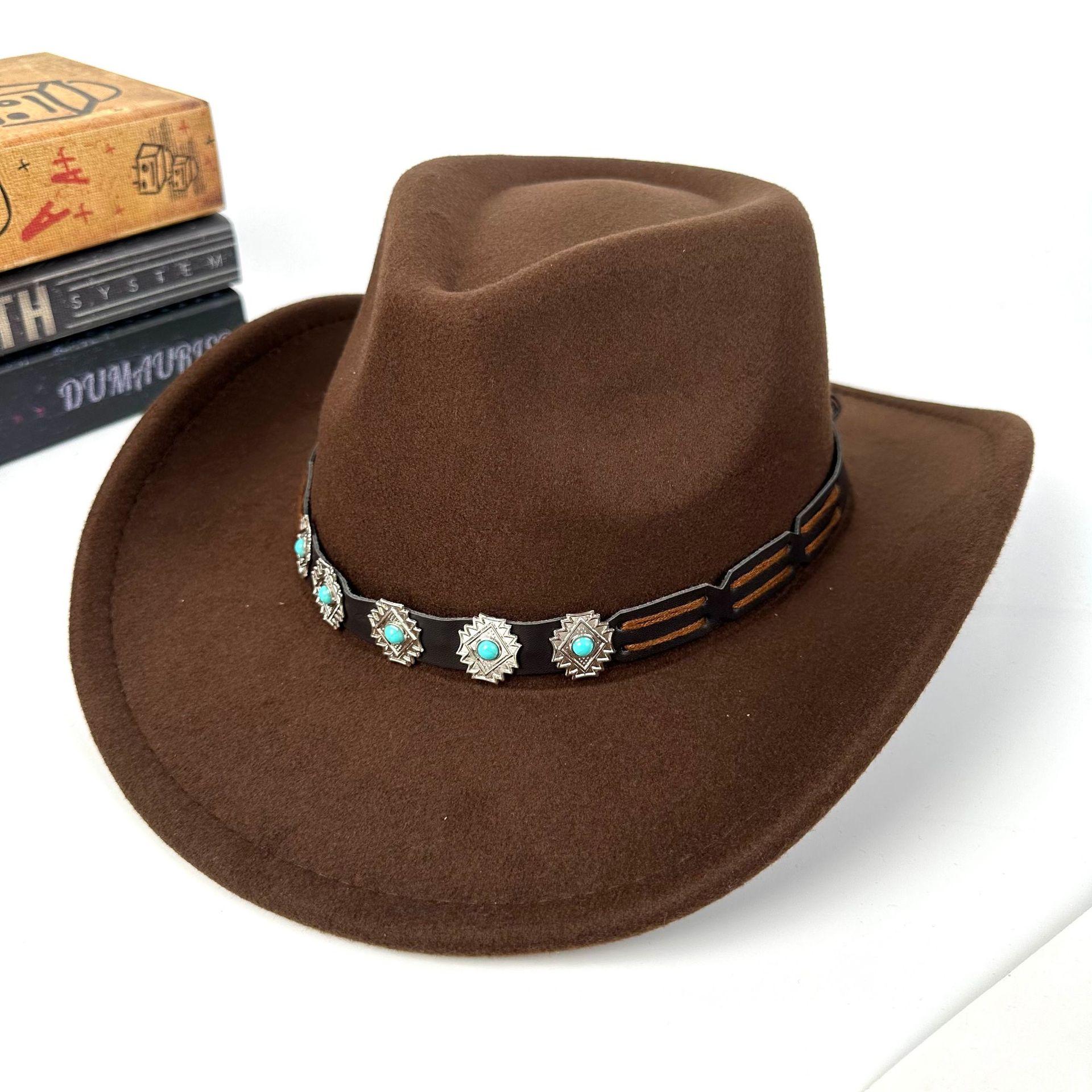 

European, American And Western Cowboy Hats, Woolen Curls, Top Hats, Ethnic Style Curved Brims, Jazz Hats, Tibetan Travel Hats, Tide M（56-58cm） темно-коричневого кольору