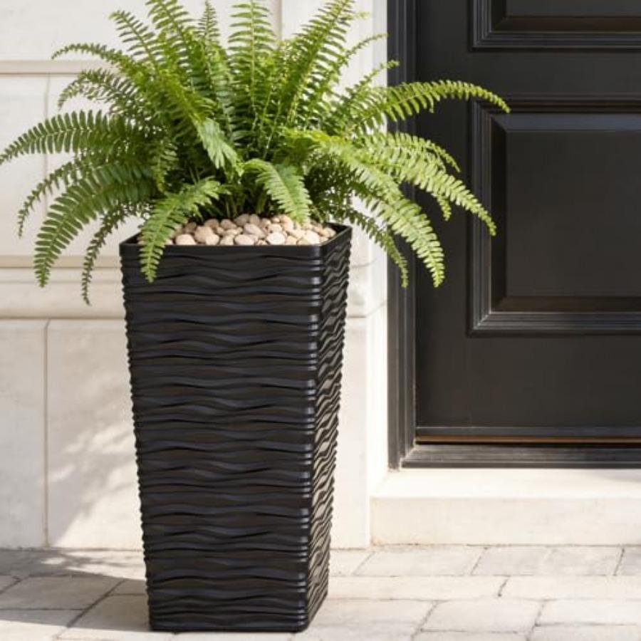 Garden 2-Pack Black Tall Planter - Plastic Square Tapered Tree Plant Pots with Drainage Hole for Indoor Outdoor - 22 H Modern W