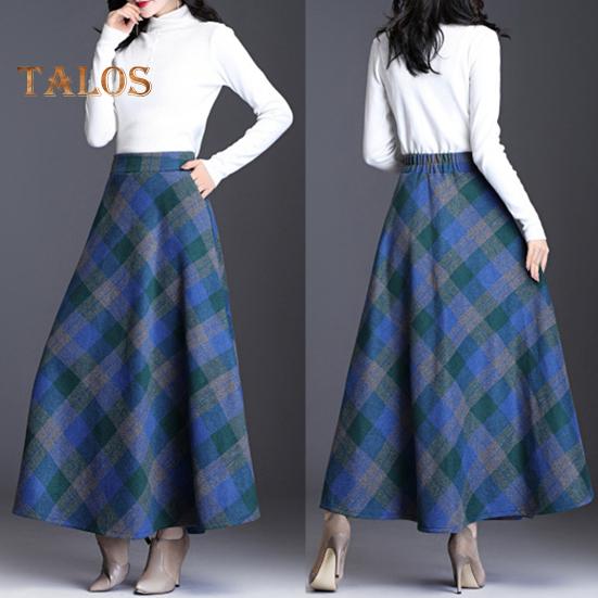 Damen Wollrock mit hoher Taille und Karomuster, A-Linien-Rock, Herbst/Winter, verdickter Rock mit großem Saum, für den Alltag