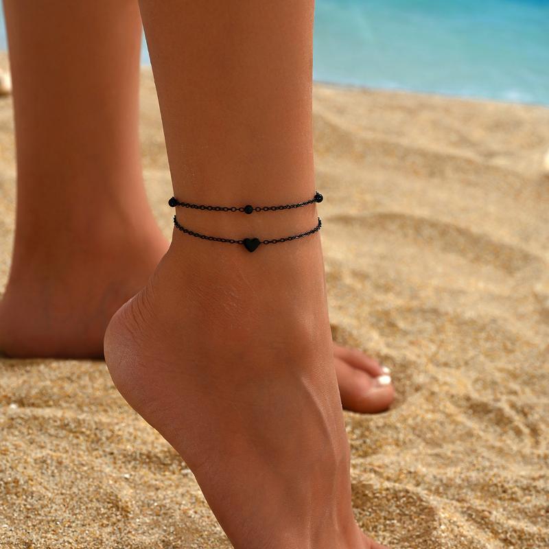 Women's Double Bohemian Heart Anklet - Layered Summer Beach Foot Chain, Love Personality Ankle Bracelet