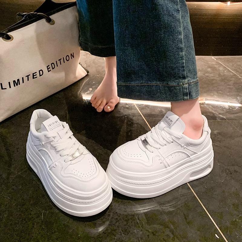 8CM thick-soled heightening shoes women's spring new versatile lace-up leather white shoes casual shoes single shoes