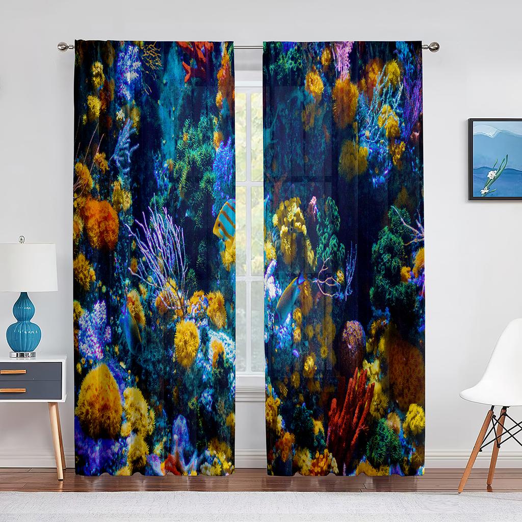 Ocean Underwater World Tulle Voile Curtains Tropical Fishes Shark Coral In The Deep Sea Sheer Curtain for Living Room Bedroom