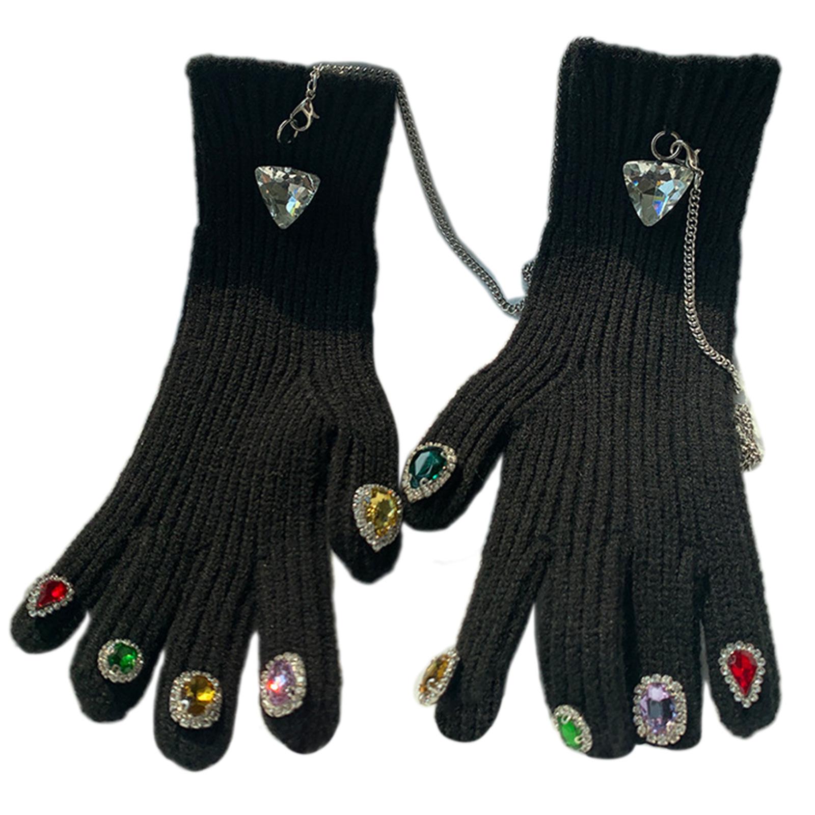 

Women Winter Rhinestones Nail Decor Knitted Gloves Cute Solid Color Thicken Knitted Lined Thermal Mittens Outdoor Spo чёрный