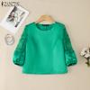 ZANZEA Women Casual Round Neck Embroidery Mesh Splice 3/4 Sleeve Satin Blouse