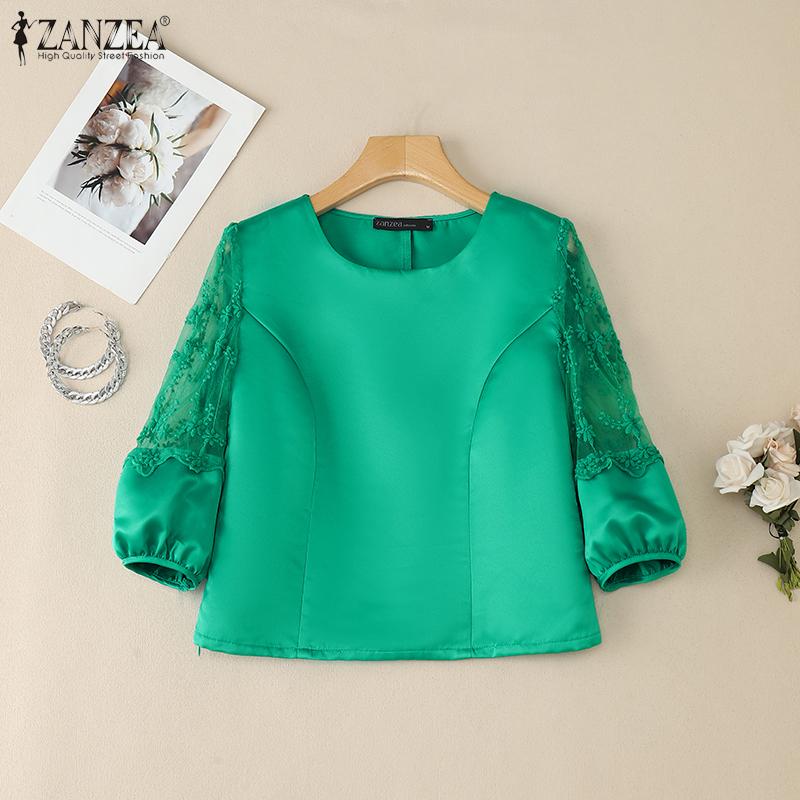 ZANZEA Women Casual Round Neck Embroidery Mesh Splice 3/4 Sleeve Satin Blouse