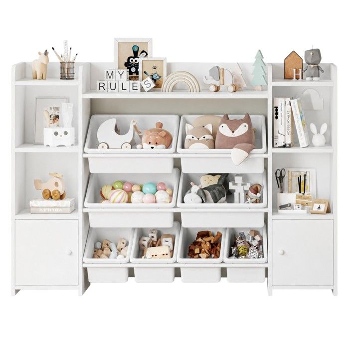 Großer Kinder-Organizer GINGER HOME, Weißes Regal mit 8 Fächern und 2 Schränken für Spielzeug und Bücher, 141,5x100x30 cm
