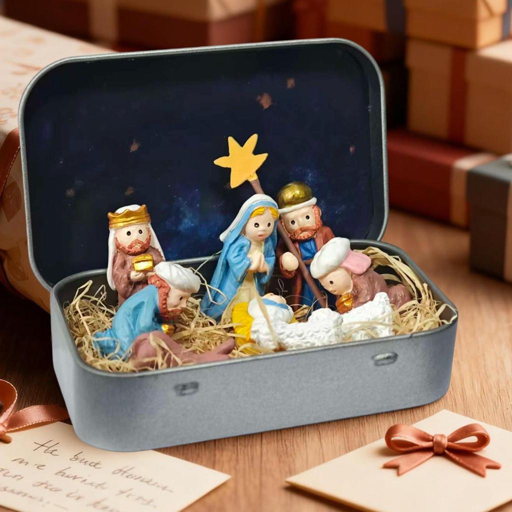 Nativity Set In Tin Box Mini 3D Small Religious Holy Figurines Christmas Holy Family Decoration For Office Bedroom Living Room