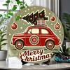 Vintage Christmas Car Tree Round Metal Sign 87x87 inch Festive Red Car Gift Merry Christmas Script Home Office Holiday Decoration