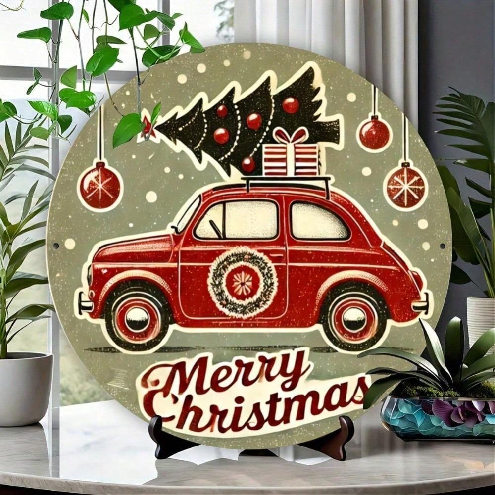 Vintage Christmas Car Tree Round Metal Sign 87x87 inch Festive Red Car Gift Merry Christmas Script Home Office Holiday Decoration