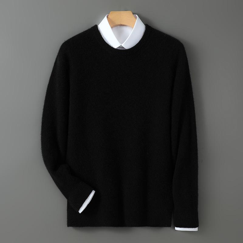 Men's 100% Australian Wool Round Neck Sweater - Skin-Friendly Business Casual Knitwear for Autumn/Winter.