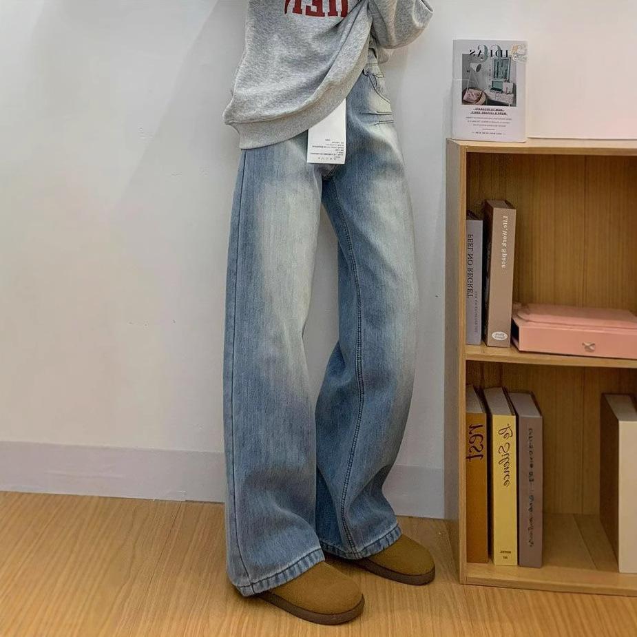 Stylish High Street Washed Jeans Women's Summer Vintage Straight Pants Peplum Loose Skinny Wide Leg Pants Retro Street Style Baggy Jeans for Ladies