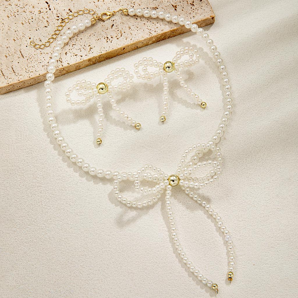 2-piece elegant imitation pearl bow pendant necklace earrings women's jewelry set