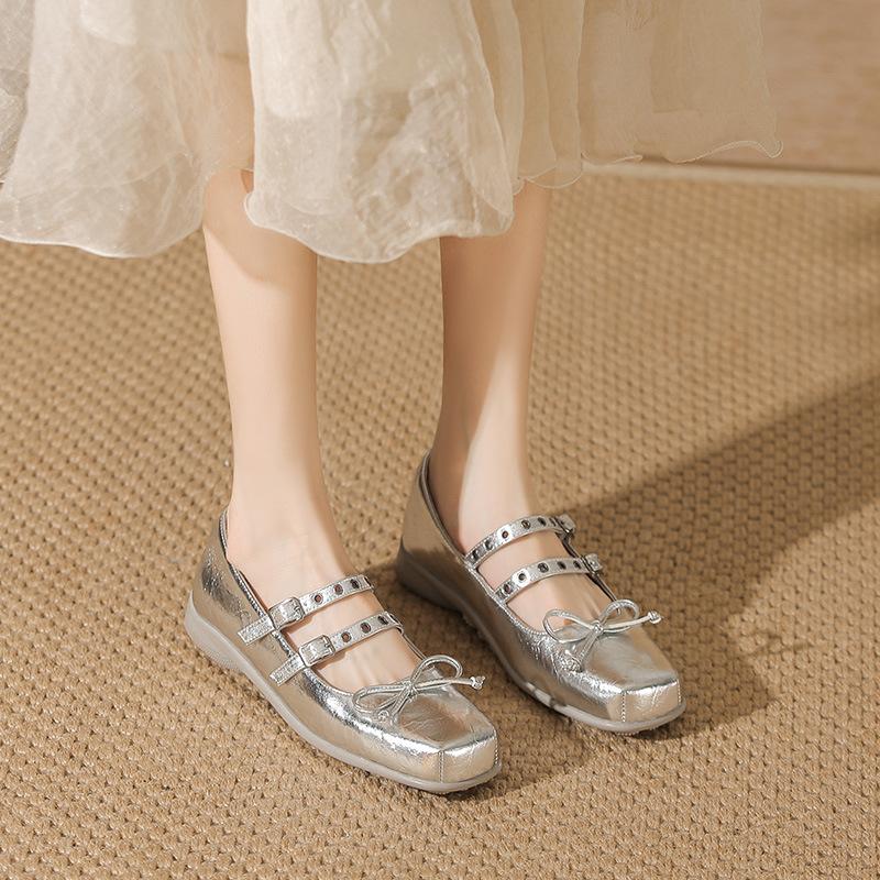 Silver fishing light ballet shoes fairy fairy style bow square head flat Mary Jane shoes with skirt single shoes