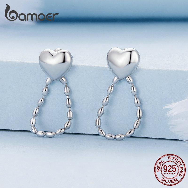 Bamoer Einfache Herz-Ohrstecker aus 925er-Sterlingsilber, Reisperlen-Quasten-Tropfenohrringe für Frauen, minimalistisches Geburtstagsgeschenk