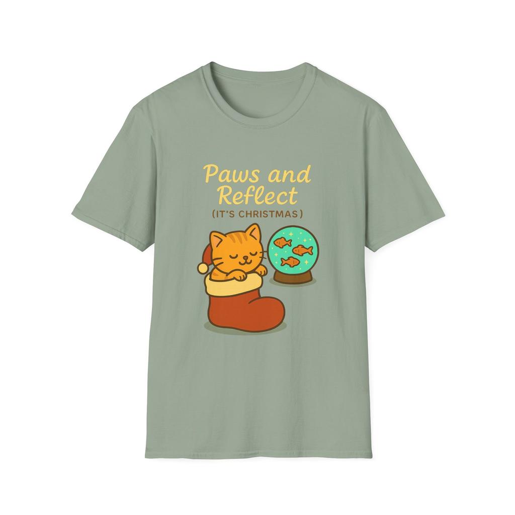 Unisex Softstyle T-Shirt Mens Womens Tees Top Paws and Reflect Cat Funny Christmas Snow Globe Tee