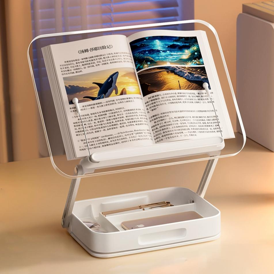 Reading Books Holder Transparent Desktop Book Laptop Stand with 360° Rotating Base Height Adjustment Heightening Picture Bracket