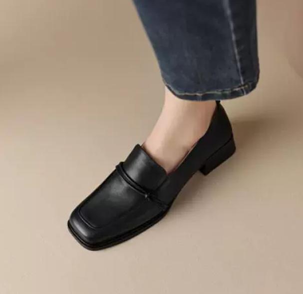 Fashion Classic loafers for women, genuine leather square toe slip-on, vintage women's casual comfort shoes, handmade, size 40