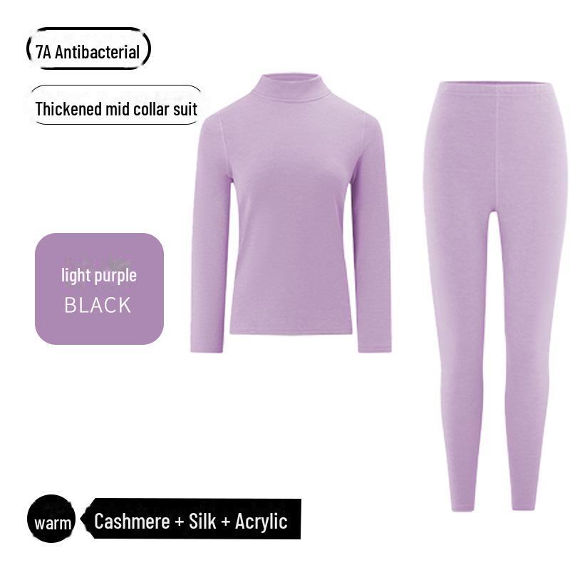 

Комплект термобелья унисекс 7А из антибактериального кашемира и шелка - полувысокий воротник, утолщенный бархат, зимний теплый костюм XL светло-фиолетовый