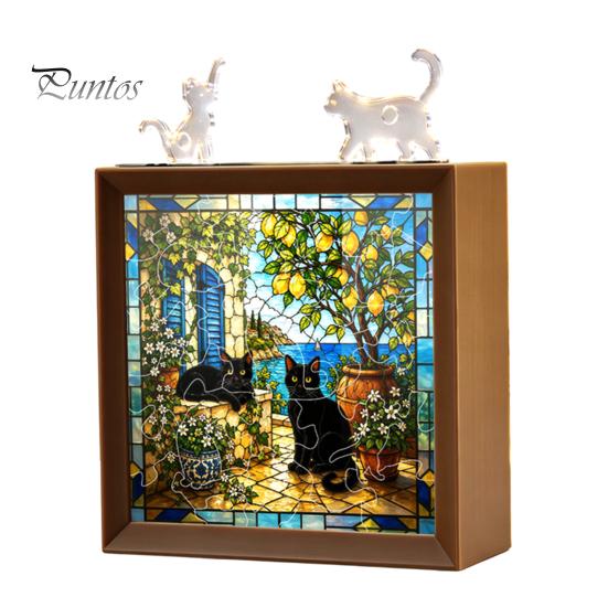Wooden Photo Frame Base DIY Acrylic Cat Puzzles Night Light, Hand-Assembled Stained Glass Style Jigsaw Lamp with Personalized Handmade Presents Decor,