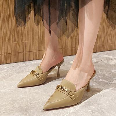 Zapatillas de Mujer 2024 Nueva Moda Sandalias Baotou de Cuero Decoración Metálica Verano Versátiles Punta Afilada Zapatillas de Tacón Alto para Mujer