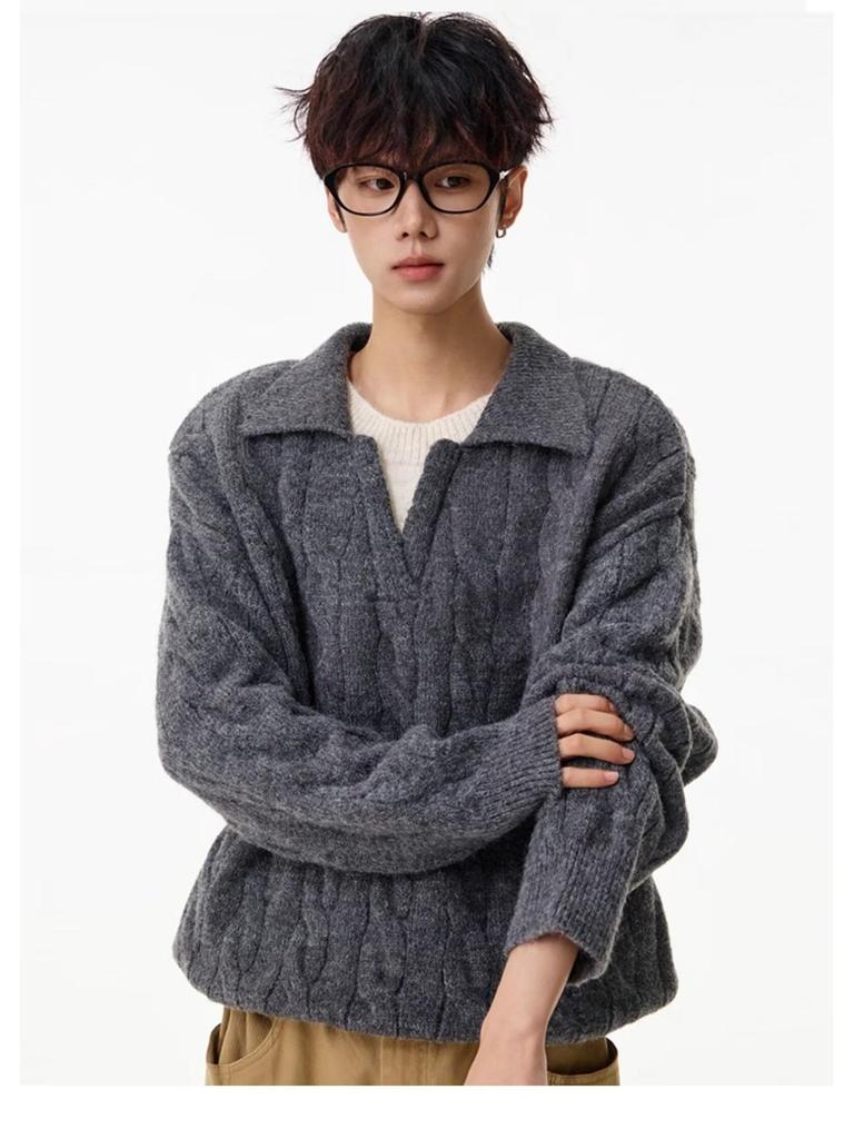 2025 Autumn/Winter Men's Retro Solid Knitwear: Two-Piece Lapel Top
