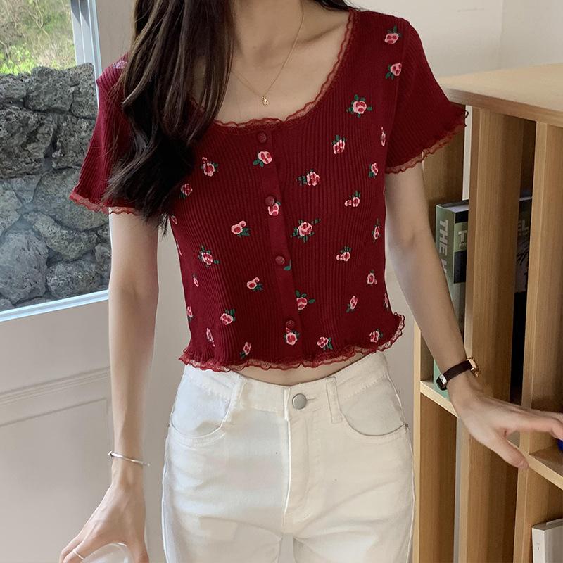 Retro Knit Short-sleeved T-shirt Female Summer Gentle Slim Small Flowers Navel Exposed Tops Casual Essential Comfort Style Slim Fit Pullovers Tees