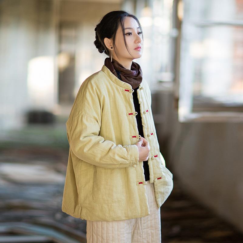 

Johnature Women Vintage Winter Stand Long Sleeve Warm Coats Chinese Style Button Pockets Solid Color Coats One Size