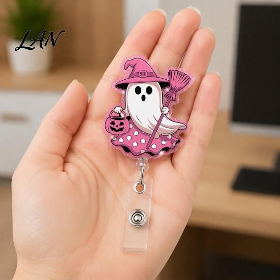 Lightweight Retractable Badge Holder Halloween Ghost Reel, Glitter Acrylic Clip, Cute Pink Smooth Cord Reel ID Name for Women Nurse Teacher