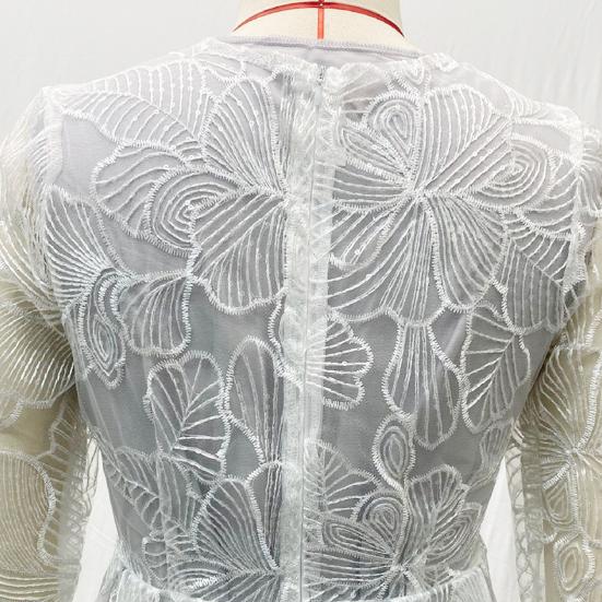 Women Evening Dress Deep V Neck Lace Floral Embroideried Maxi Dress A-line Big Swing Long Lantern Sleeves High Waist Pleated Ball Gown Prom