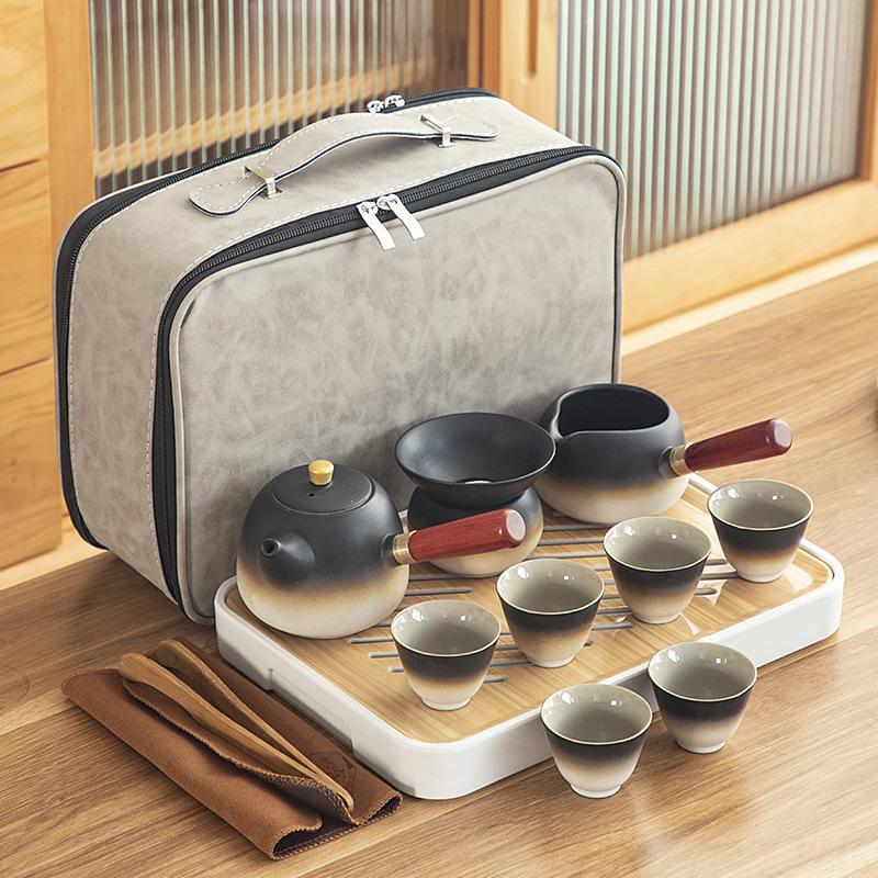 Black pottery Kung Fu tea set, cheap ceramic side handle pot with tea tray, portable complete set of business gifts