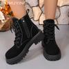 Suede Chunky Women Ankle Boots Retro Lace Up Mid Heels Shoes 2025 Trend New Designer Gladiator Winter Motorcycle Botas De Mujer
