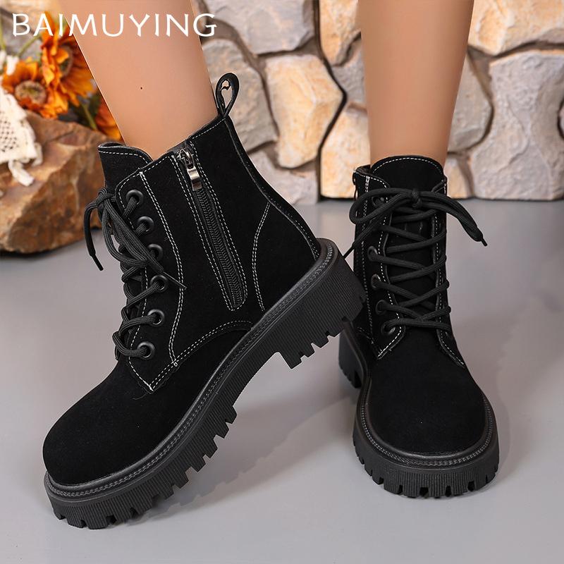 Suede Chunky Women Ankle Boots Retro Lace Up Mid Heels Shoes 2025 Trend New Designer Gladiator Winter Motorcycle Botas De Mujer