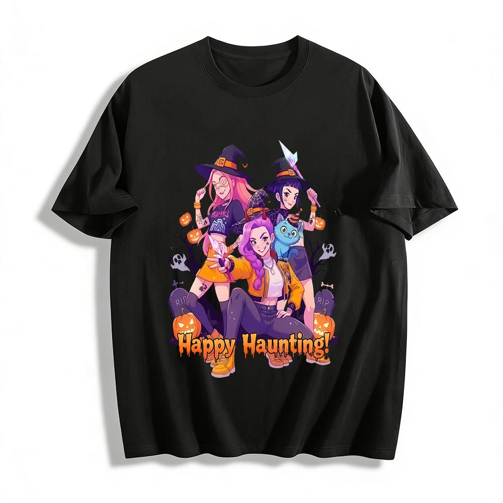 Halloween Witch Graphic Tee Spooky Ghost Pumpkin Print Casual Crewneck Shirt Festive Holiday Outfit Pure cotton T-shirt XXS