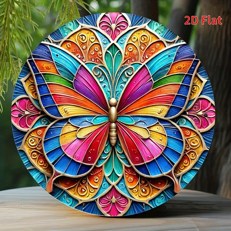 Colorful Stained Glass Style Butterfly Mandala Round Metal Sign D Flat Printed Vibrant Rainbow Art Tin Plaque Bohemian Whimsi 20x20cm(8x8inch)