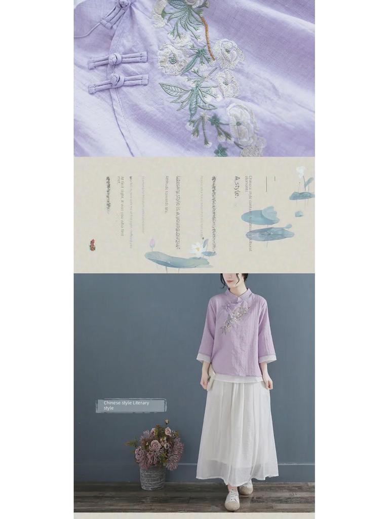 Women's V-Neck Retro Embroidered Cotton-Linen T-Shirt, 3/4 Sleeve, Spring-Summer-Autumn 2024, Casual Literary Style.