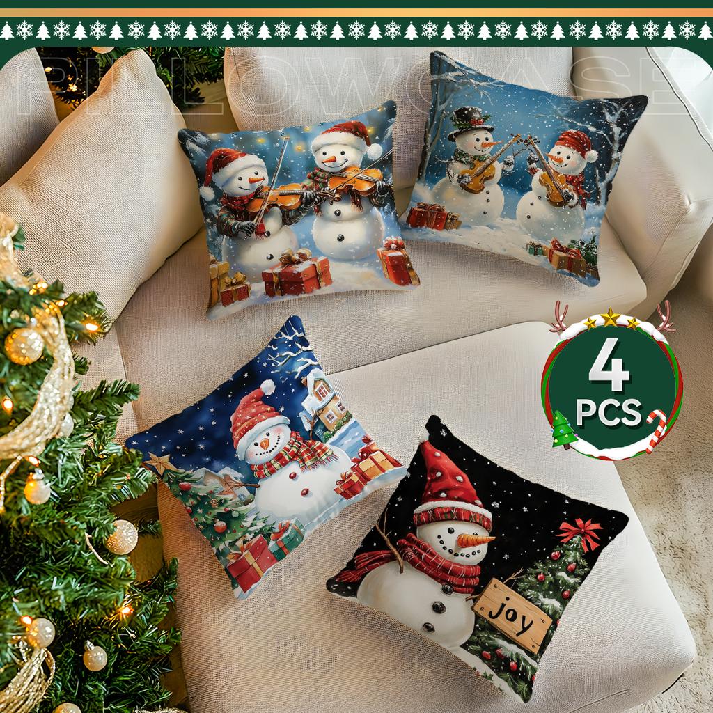 Christmas Snowman Illustration Pillowcase Bedroom Sofa Cushion Cover 100% Polyester Living Room Cushion Pillowcase Home Decor