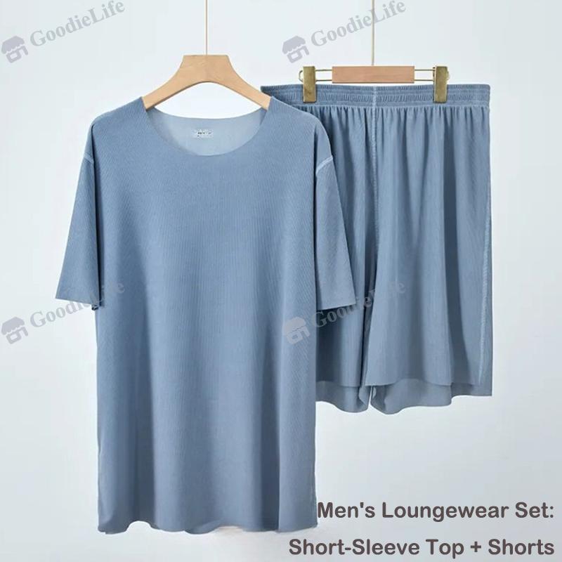 Couple Ice Silk Pajamas Set Summer Women Round Neck Short Sleeve Long Pants Men Shorts Seamless Homewear