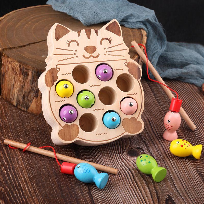 Children's Wooden Kitten Magnetic Fishing Set Toy1-2-3Year-Old Boys and Girls Educational Fishing
