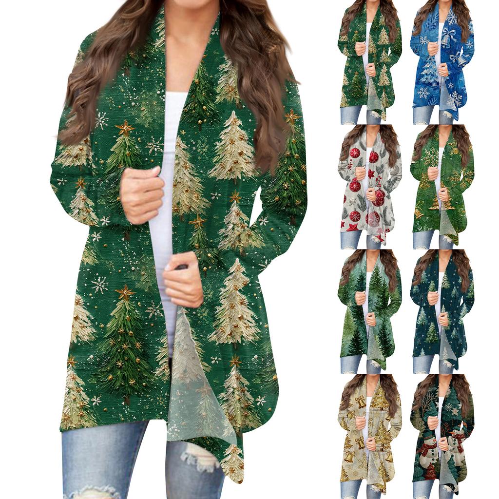 Women's Fashion Christmas Print Jacket Long Sleeve Casual Cardigan Coat