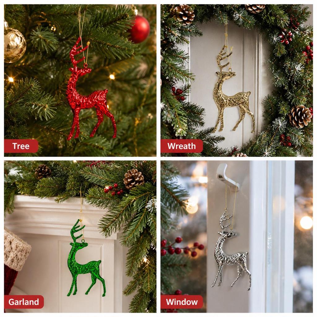 Christmas Tree Metal Elk Ornaments: Red, Gold, Green & Silver - Wrought Iron Festive Decorations