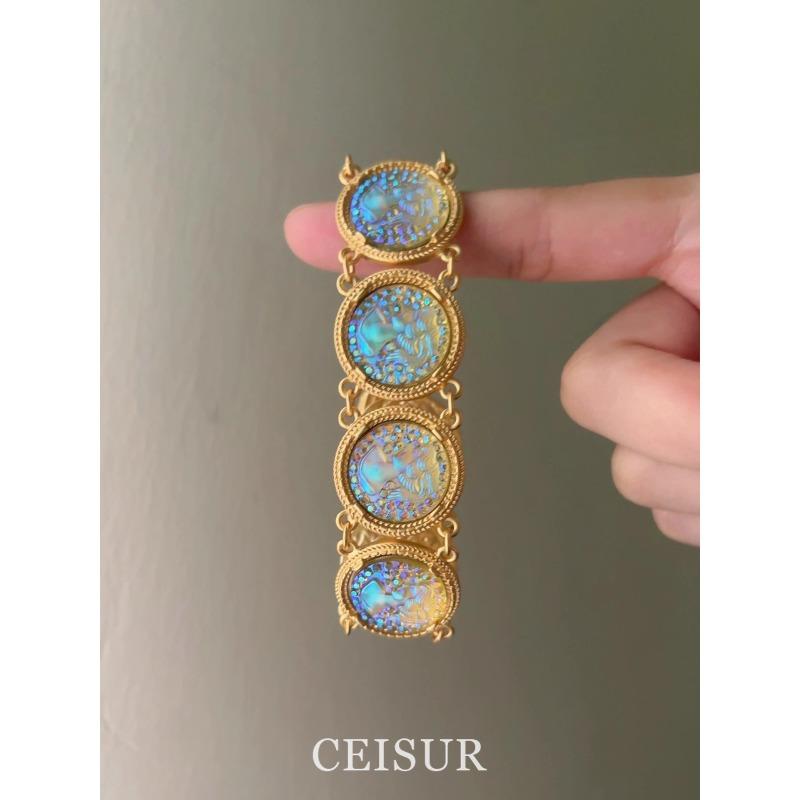 Medieval Court Style Mermaid Ji Relief Bracelet, Magic Color Glass Unique Bracelet Temperament, Unique Heavy Industry