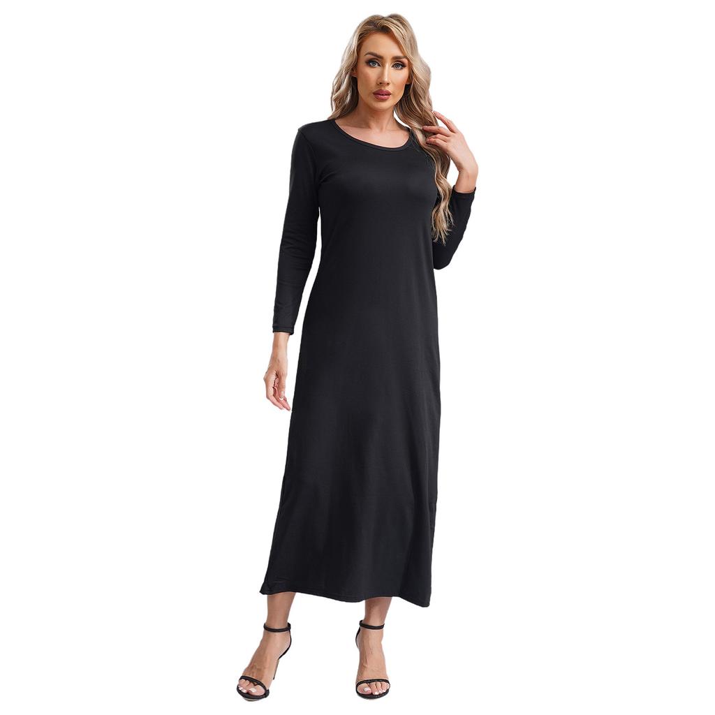 Damen Unifarbene Islamische Arabische Kleider Rundhalsausschnitt Langarm Muslimische Gebets-Langgewänder Locker Basic-Kleid für Freizeitkleidung
