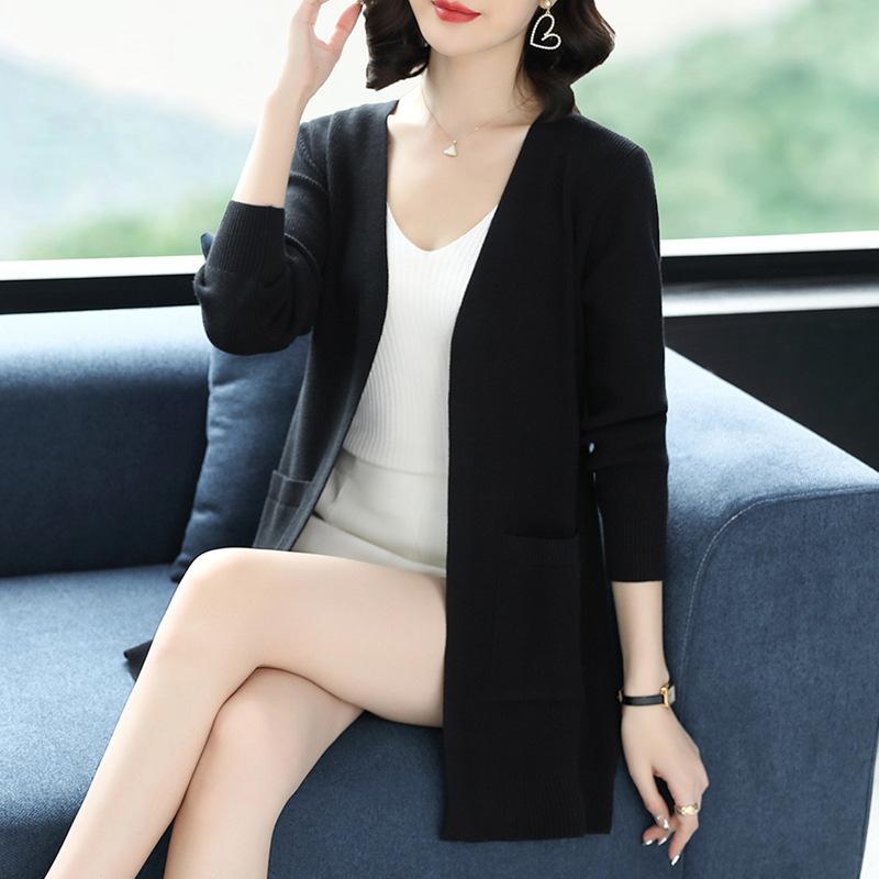 Spring and Autumn Thin Knitted Cardigan Women's Medium and Long Sweater Jacket Fat Mom Large Size Shawl with Loose Top Women