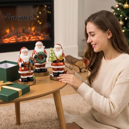 Desktop Holiday Ornament Santa Claus Figurine, Christmas Resin Holding Wreath/Tree/Bear Statue, Decorative Gift for Family Tabletop Mantel,