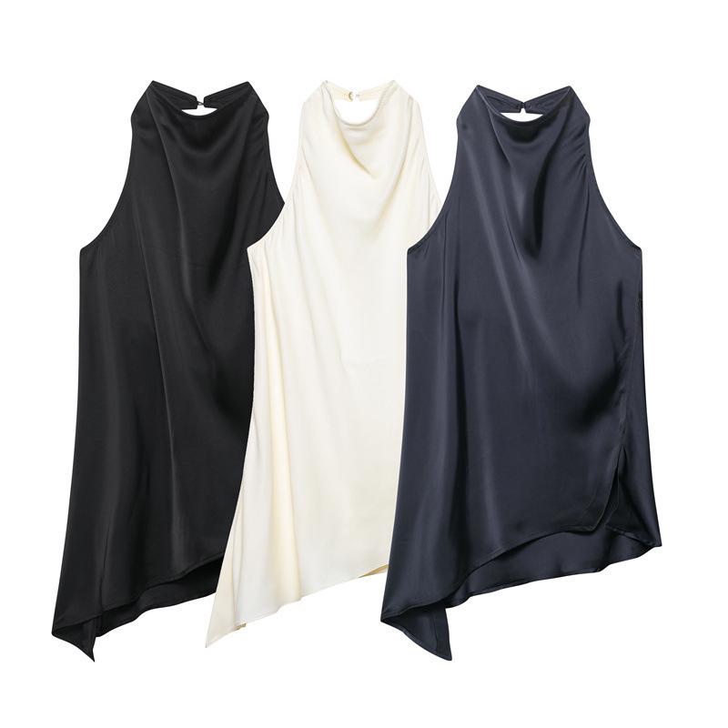 Satin Solid Color Silk Halter Neck Top + Wide Leg Pants - New European American Arrival S