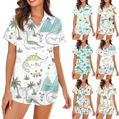 Women's Silk Pajamas Button Home Clothes Star Print Short Sleeve Satin Pajama Set 2 Piece Set