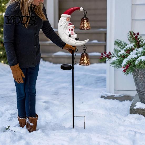 Holiday Bell Hanging Garden Ornaments Solar Christmas Light, Santa Crescent Snowman Decorative Light with Stake, Seasonal Lawn Decorations Waterproof