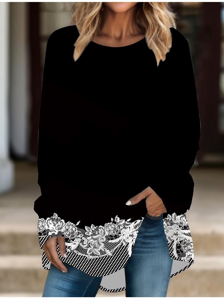 Plus Size Women Spring Retro Printed Comfy Long Sleeve Round Collar T-shirt Casual Baggy Mid Length Tee Tops