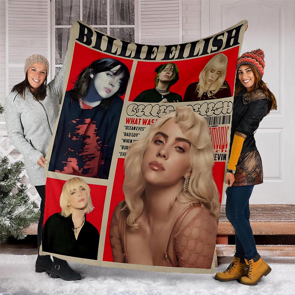 1pc Billie Eilish Outdoor Flannel Blanket, Cozy & Warm Soft Te Playful Design, Napping Camping,